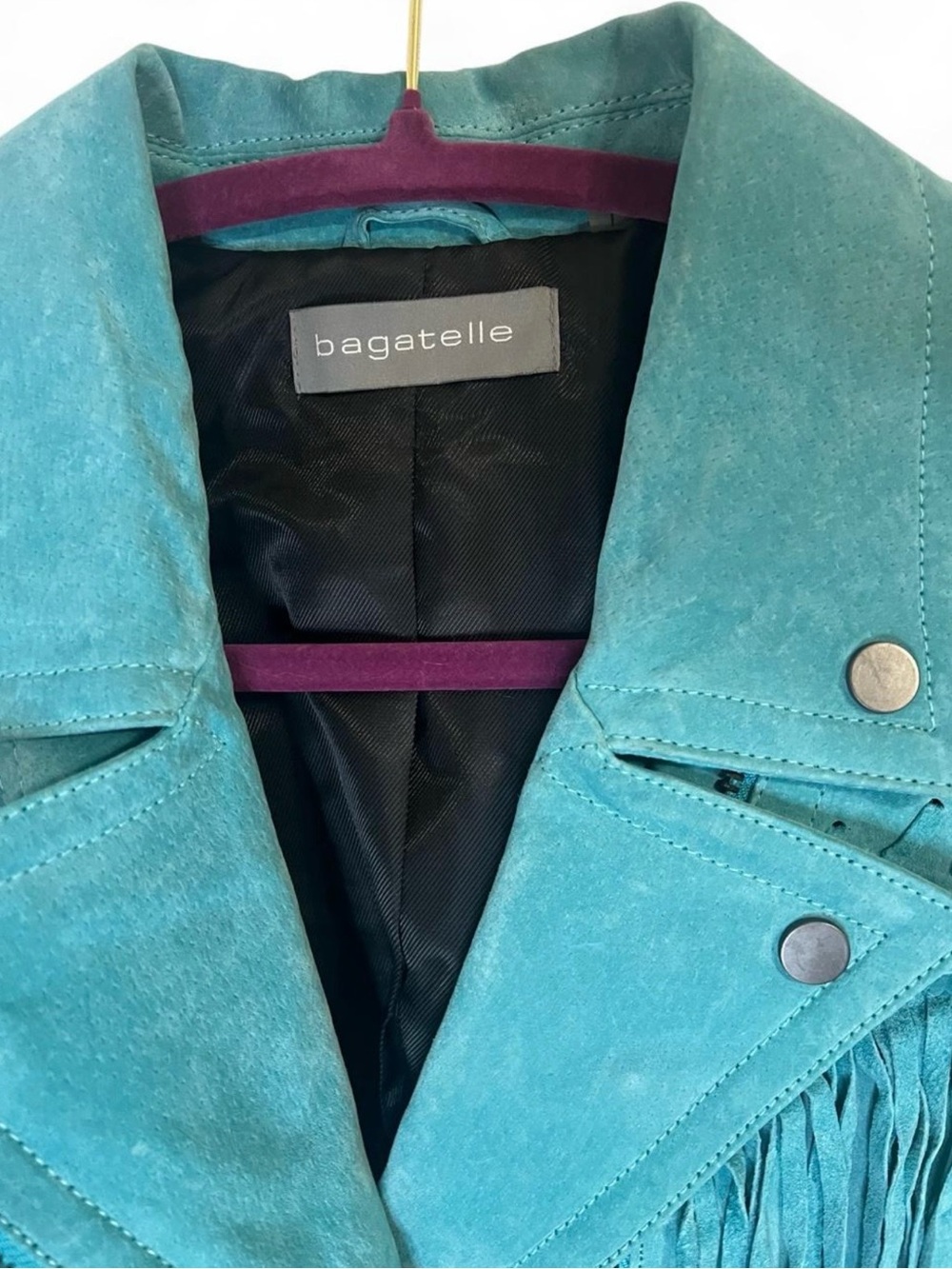 bagatelle Teal Suede Fringe Moto Jacket with Stud Details - Picture 3 of 6